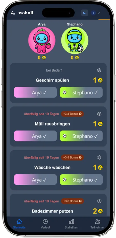 wohnli App auf einem Smartphone: Aufgabenliste mit Punkten und Streaks