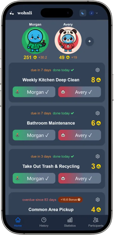 Gamified chore app: tasks with points and streak display in wohnli